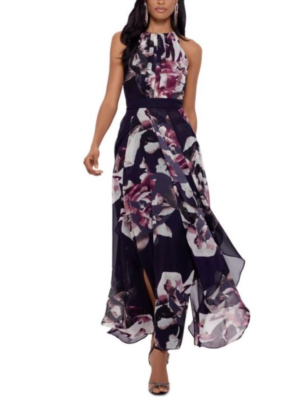 Betsy & Adam Navy Floral Maxi Dress with Pink and White Blooms